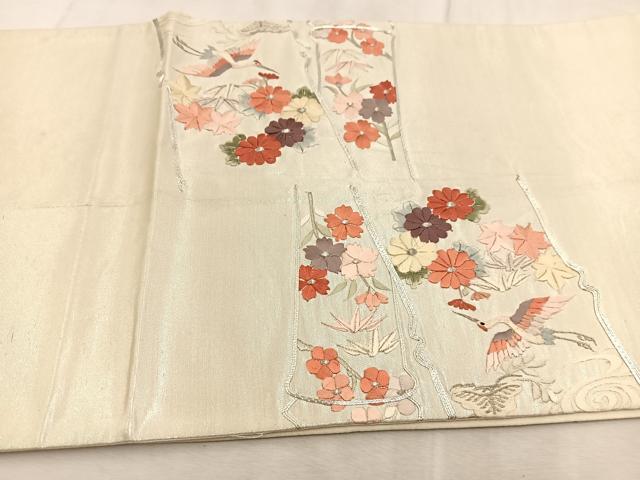 平和屋着物◎西陣　太鼓柄袋帯　銀駒刺繍　総刺繍　飛鶴流水草花文　銀糸　証紙付き　正絹　逸品　BAAU8877yc