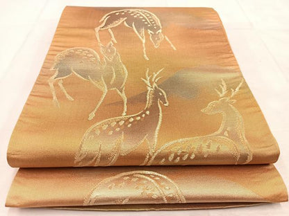 平和屋着物◎六通柄袋帯　鹿　金糸　引箔　正絹　逸品　BAAU8881yc