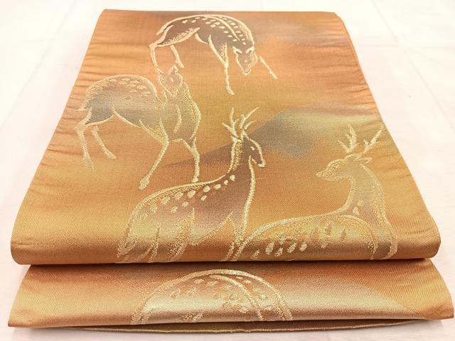 平和屋着物◎六通柄袋帯　鹿　金糸　引箔　正絹　逸品　BAAU8881yc