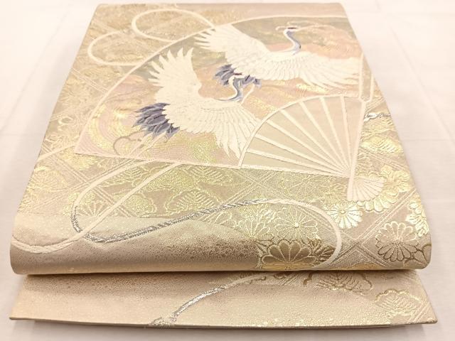 平和屋着物◎六通柄袋帯　唐織　扇面飛鶴菱花文　金銀糸　正絹　逸品　BAAU8883yc