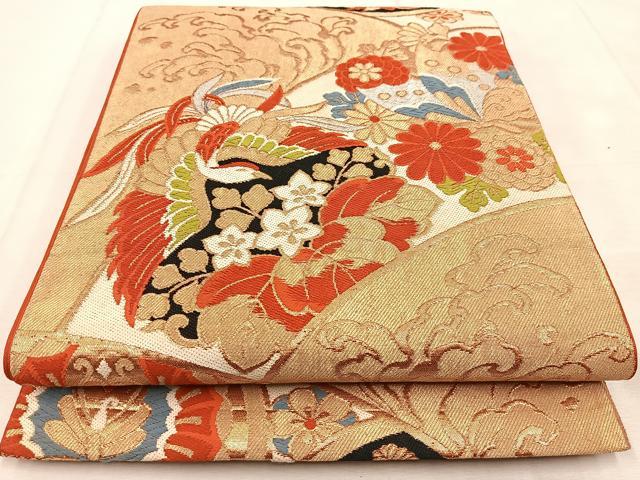 平和屋着物◎六通柄　本袋帯　唐織　動物花文　金糸　BAAU8895yc