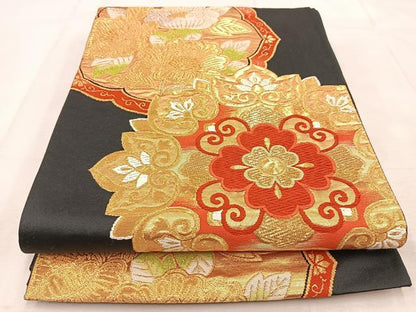 平和屋着物◎六通柄袋帯　唐織　都緞子　正倉院花文　黒地　金銀糸　正絹　逸品　BAAU8896yc