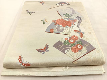 平和屋着物◎六通柄袋帯　唐織　扇面花蝶文　本銀箔　正絹　逸品　BAAU8897yc