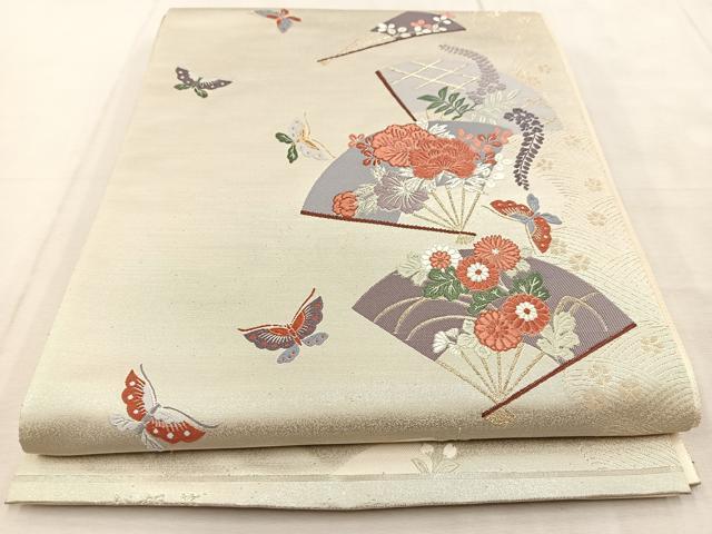 平和屋着物◎六通柄袋帯　唐織　扇面花蝶文　本銀箔　正絹　逸品　BAAU8897yc