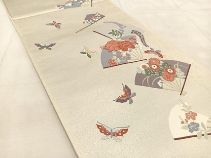 平和屋着物◎六通柄袋帯　唐織　扇面花蝶文　本銀箔　正絹　逸品　BAAU8897yc