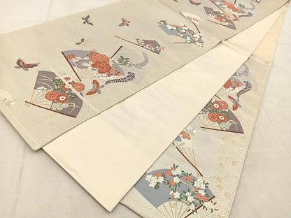 平和屋着物◎六通柄袋帯　唐織　扇面花蝶文　本銀箔　正絹　逸品　BAAU8897yc