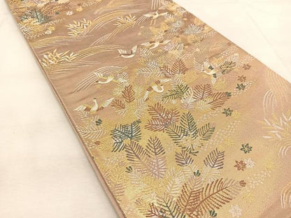 平和屋着物◎六通柄袋帯　唐織　立波飛鶴文　金糸　正絹　逸品　BAAU8906yc