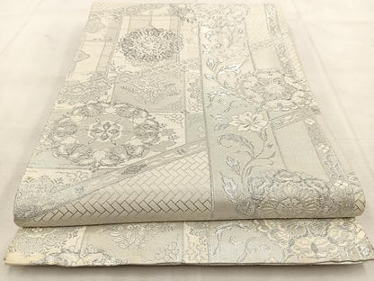 平和屋着物◎両面　六通柄袋帯　正倉院更紗花文　銀糸　正絹　逸品　BAAU8907yc