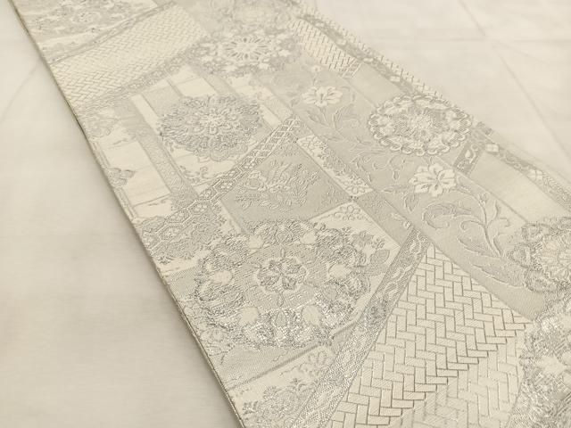 平和屋着物◎両面　六通柄袋帯　正倉院更紗花文　銀糸　正絹　逸品　BAAU8907yc
