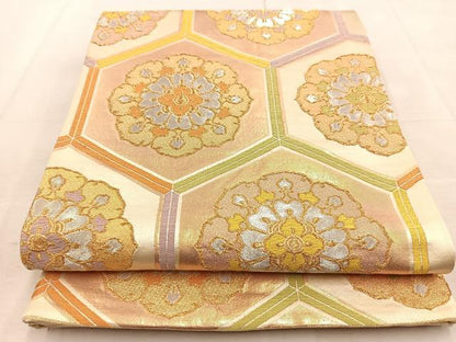平和屋着物◎六通柄袋帯　唐織　亀甲正倉院花文　金銀糸　正絹　逸品　BAAU8915yc