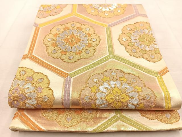 平和屋着物◎六通柄袋帯　唐織　亀甲正倉院花文　金銀糸　正絹　逸品　BAAU8915yc