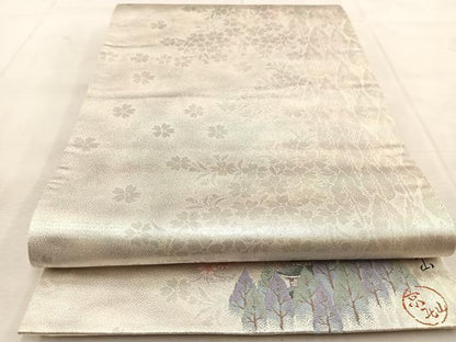 平和屋着物◎全通柄袋帯　唐織　京北山　ワンポイント　銀糸　正絹　逸品　BAAU8923yc