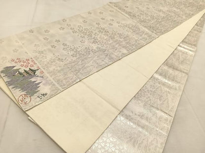 平和屋着物◎全通柄袋帯　唐織　京北山　ワンポイント　銀糸　正絹　逸品　BAAU8923yc