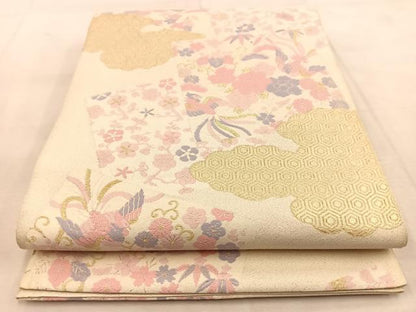 平和屋着物◎六通柄袋帯　綴れ　花鳥色紙文　金銀糸　正絹　逸品　BAAU8955yc