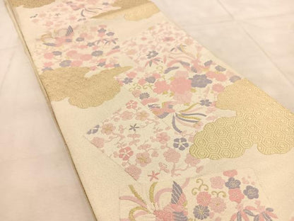 平和屋着物◎六通柄袋帯　綴れ　花鳥色紙文　金銀糸　正絹　逸品　BAAU8955yc
