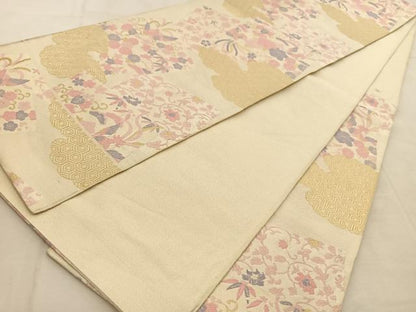 平和屋着物◎六通柄袋帯　綴れ　花鳥色紙文　金銀糸　正絹　逸品　BAAU8955yc