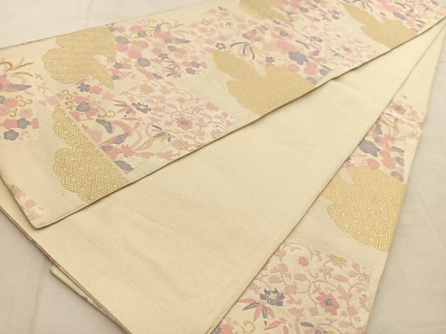 平和屋着物◎六通柄袋帯　綴れ　花鳥色紙文　金銀糸　正絹　逸品　BAAU8955yc