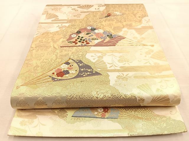 平和屋着物◎六通柄袋帯　唐織　吉祥扇花文　金糸　正絹　逸品　BAAU8956yc