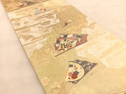 平和屋着物◎六通柄袋帯　唐織　吉祥扇花文　金糸　正絹　逸品　BAAU8956yc