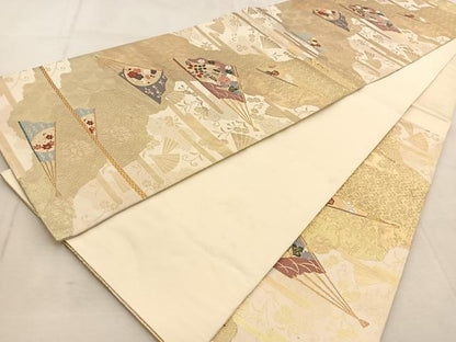 平和屋着物◎六通柄袋帯　唐織　吉祥扇花文　金糸　正絹　逸品　BAAU8956yc