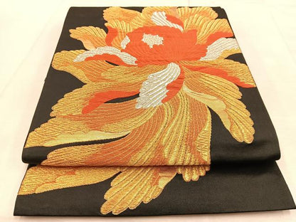 平和屋着物◎六通柄袋帯　唐織　舞花文　黒地　金銀糸　正絹　逸品　BAAU8962yc