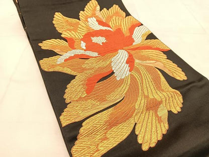 平和屋着物◎六通柄袋帯　唐織　舞花文　黒地　金銀糸　正絹　逸品　BAAU8962yc