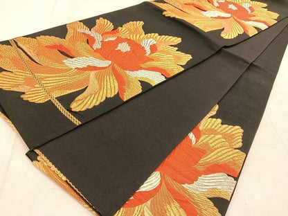 平和屋着物◎六通柄袋帯　唐織　舞花文　黒地　金銀糸　正絹　逸品　BAAU8962yc