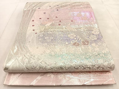 平和屋着物◎六通柄袋帯　唐織　孔雀花文　銀彩　正絹　逸品　BAAU8970yc