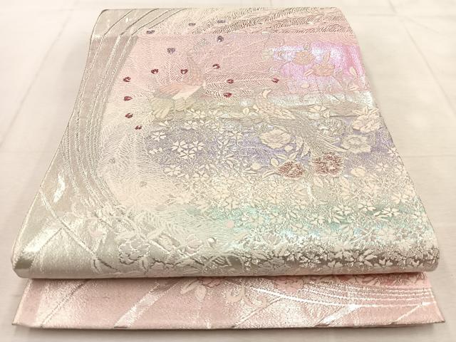 平和屋着物◎六通柄袋帯　唐織　孔雀花文　銀彩　正絹　逸品　BAAU8970yc