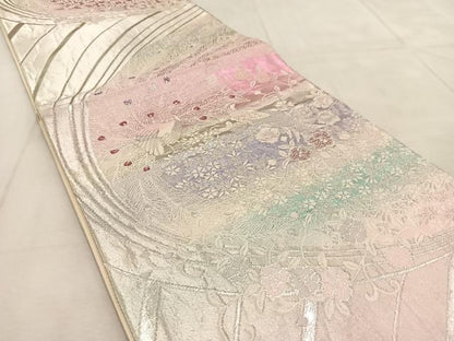 平和屋着物◎六通柄袋帯　唐織　孔雀花文　銀彩　正絹　逸品　BAAU8970yc