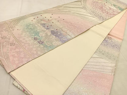 平和屋着物◎六通柄袋帯　唐織　孔雀花文　銀彩　正絹　逸品　BAAU8970yc