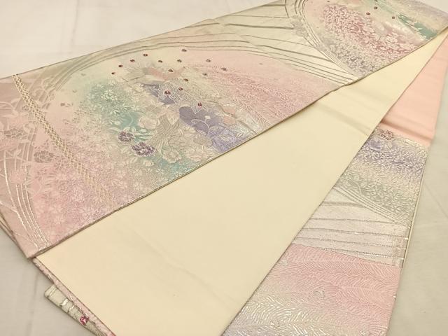 平和屋着物◎六通柄袋帯　唐織　孔雀花文　銀彩　正絹　逸品　BAAU8970yc