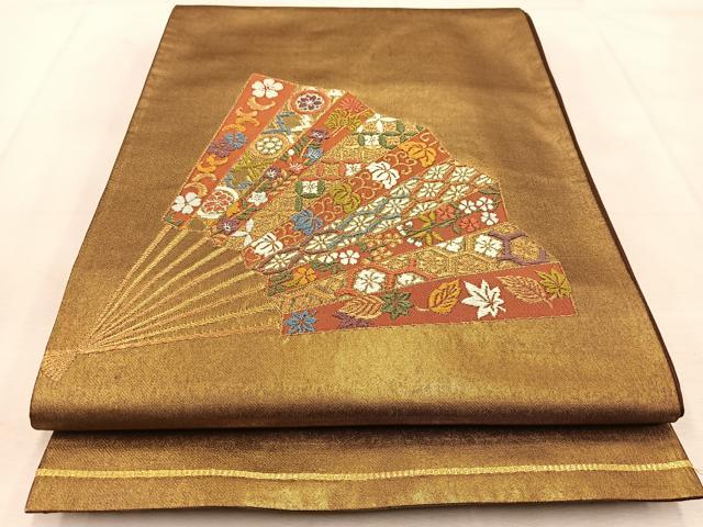 平和屋着物◎太鼓柄袋帯　唐織　檜扇吉祥花文　金糸　引箔　正絹　逸品　BAAU8977yc