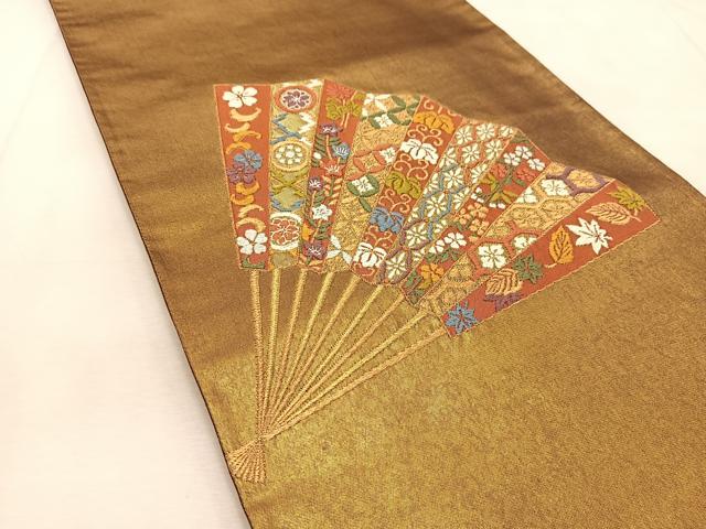 平和屋着物◎太鼓柄袋帯　唐織　檜扇吉祥花文　金糸　引箔　正絹　逸品　BAAU8977yc