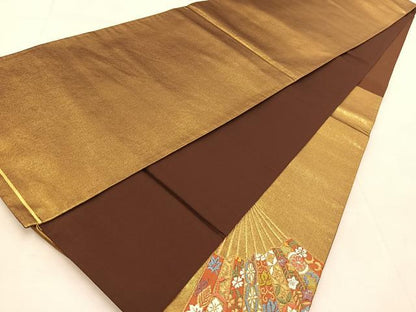 平和屋着物◎太鼓柄袋帯　唐織　檜扇吉祥花文　金糸　引箔　正絹　逸品　BAAU8977yc