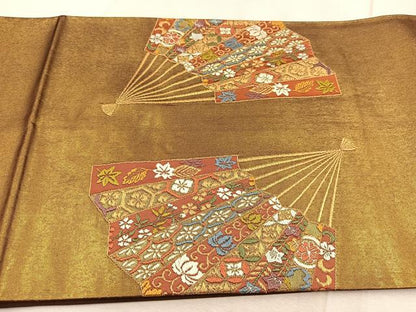 平和屋着物◎太鼓柄袋帯　唐織　檜扇吉祥花文　金糸　引箔　正絹　逸品　BAAU8977yc