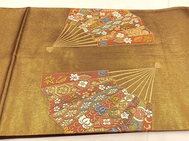平和屋着物◎太鼓柄袋帯　唐織　檜扇吉祥花文　金糸　引箔　正絹　逸品　BAAU8977yc