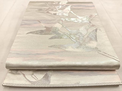 平和屋着物◎六通柄袋帯　群鶴　銀糸　正絹　逸品　BAAU8981yc