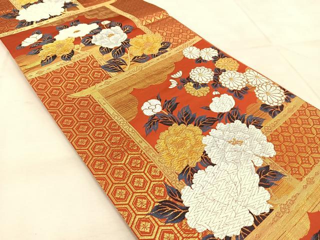平和屋着物◎六通柄袋帯　唐織　几帳花文　金糸　正絹　逸品　BAAU8992yc