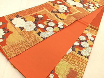平和屋着物◎六通柄袋帯　唐織　几帳花文　金糸　正絹　逸品　BAAU8992yc