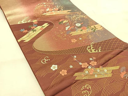 平和屋着物◎六通柄袋帯　唐織　春秋秀花遊楽文　金銀糸　引箔　正絹　逸品　BAAU8997yc
