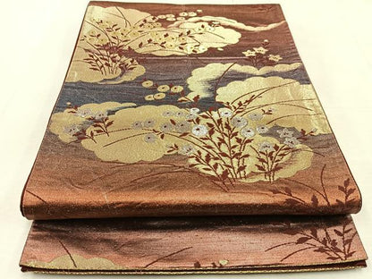 平和屋着物◎六通柄袋帯　雲重ね秋草文　金銀糸　引箔　正絹　逸品　BAAU9021yc