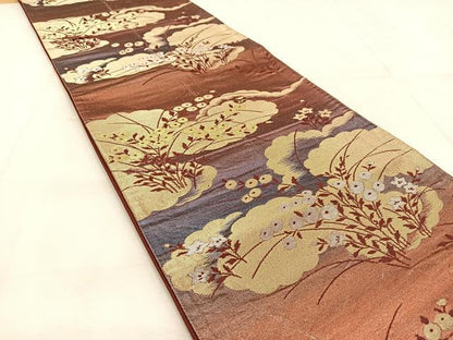 平和屋着物◎六通柄袋帯　雲重ね秋草文　金銀糸　引箔　正絹　逸品　BAAU9021yc