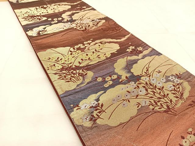 平和屋着物◎六通柄袋帯　雲重ね秋草文　金銀糸　引箔　正絹　逸品　BAAU9021yc