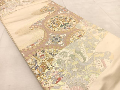 平和屋着物◎六通柄袋帯 唐織 狩猟更紗花鳥文 金銀糸 正絹 逸品 BAAU9023yc