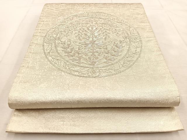 平和屋着物◎太鼓柄袋帯 総刺繍 銀駒刺繍 花絵皿文 銀糸 正絹 逸品 BAAU9030yc