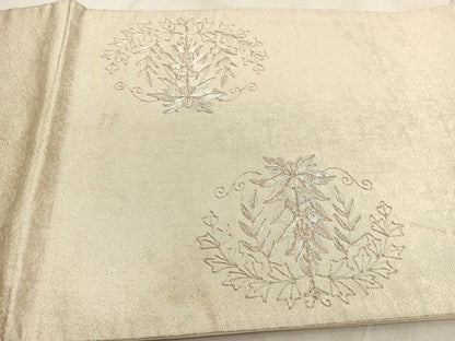 平和屋着物◎太鼓柄袋帯 総刺繍 銀駒刺繍 花絵皿文 銀糸 正絹 逸品 BAAU9030yc