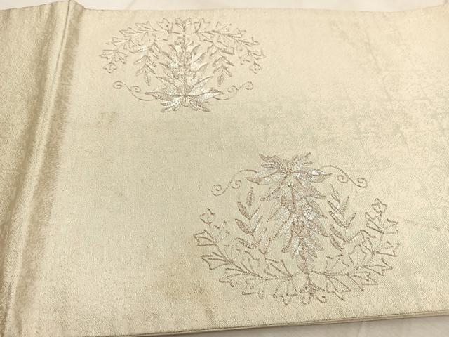 平和屋着物◎太鼓柄袋帯 総刺繍 銀駒刺繍 花絵皿文 銀糸 正絹 逸品 BAAU9030yc