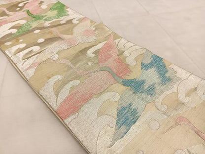 平和屋着物◎六通柄袋帯　飛鶴立波文　銀糸　正絹　逸品　BAAU9037yc