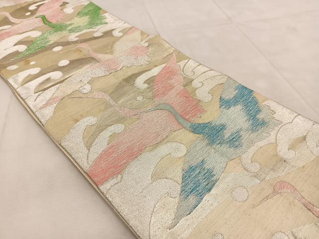 平和屋着物◎六通柄袋帯　飛鶴立波文　銀糸　正絹　逸品　BAAU9037yc